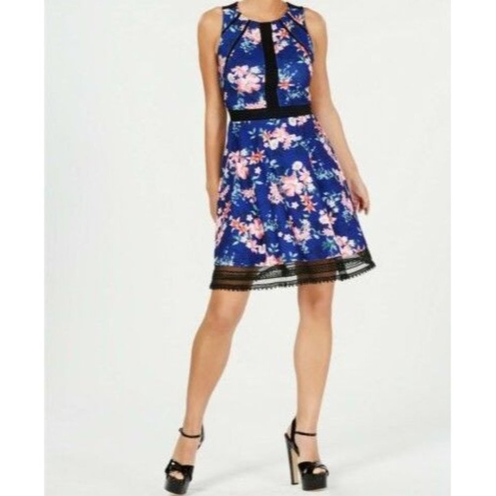 Guess Dress Size 12 Royal Blue Floral Lace Trim A Line Sleeveless Lined